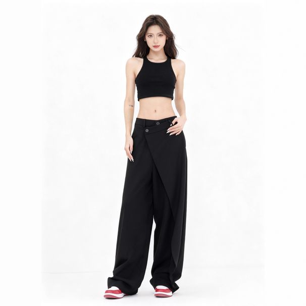 Women's Slimming Straight Leg Casual Trousers Irregular Patchwork Black Suit Pants American Style Design Summer Polyamide_ecoleips.com