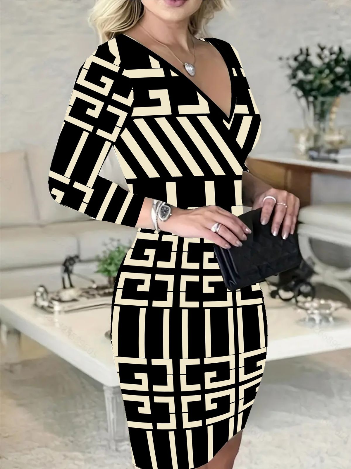 Slim Fit V Neck Evening Dress For Women Autumn Plaid Ruched Hip Hugging Sexy Casual Dress_ecoleips.com
