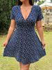 New Women's Floral Print Dress European American Style Cross Border E Commerce Slimming Waist Cinch V Neck Short Sleeve Tie_ecoleips.com
