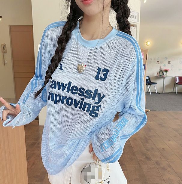 Earth Shop Letter Printing Light And Thin Long Sleeve T-Shirt Top Women's Spring Casual Loose Design Sunscreen Air Conditioning Blouse_ecoleips.com