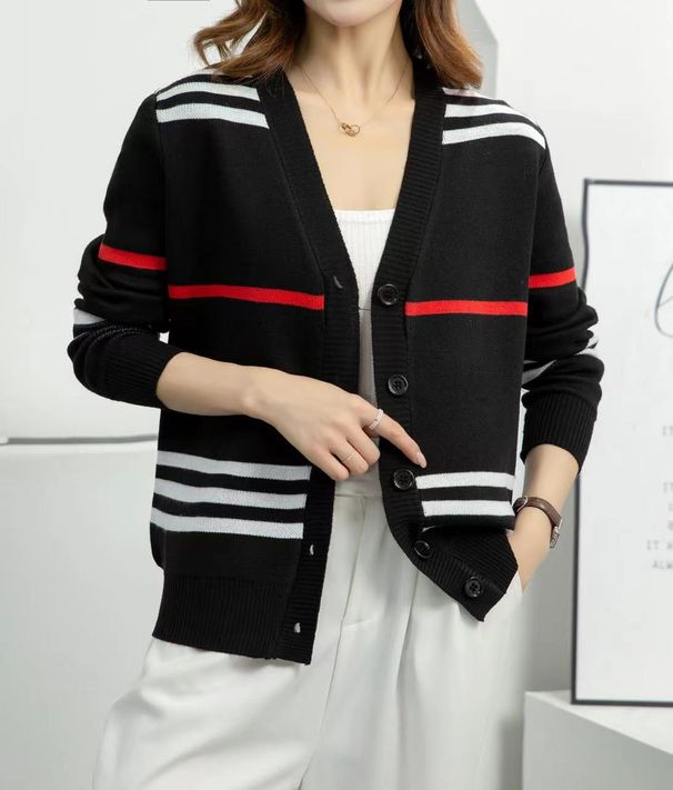 Women's Clothing Retro Contrast Color Striped Knitted Cardigan Fashionable And Versatile Temperament Casual Long Sleeves_ecoleips.com