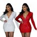 Women's Clothing Hip Skirt Celebrity Fashion Sequined V Neck Pleated Slimming Dress_ecoleips.com