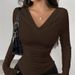 Women's Clothing V Neck Off Shoulder Two Way Design Fashionable V-Neck Off-Shoulder Two-Way Design Slim Fit Ruffled Asymmetrical Long Sleeve T-Shirt_ecoleips.com