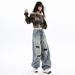 Women's High-Waisted Slimming Ripped Wide Leg Jeans Loose Fitting Floor Length Pants American Style Denim_ecoleips.com