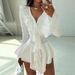 Women's Elegant Ruffle Dress V Neck Flared Sleeve Waist Cinching Solid Color Autumn Winter Fashion_ecoleips.com