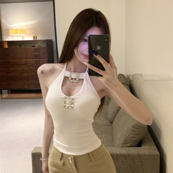 Luxury Style Heavy-duty Square Diamond V-neck Elegant Halter Neck Hollow-out Tank Top, New Summer Sexy Backless Top For_ecoleips.com
