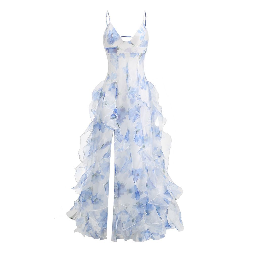 Floral Low Cut Maxi Dress American Style Summer Slimming Suspender Dress For Women Gentle Clothing_ecoleips.com