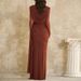 Vintage Solid Color Slim Fit Commuting Dress Casual O-neck Long Sleeved Party Dress New Temperament Pleated Women Maxi Dresses_ecoleips.com