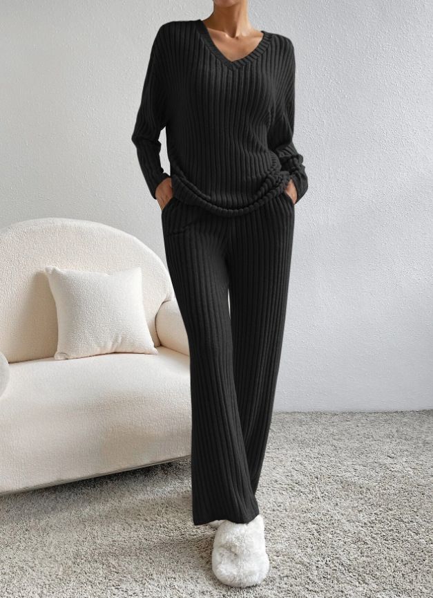 K Two-piece Women's New Fashion Casual Straight-leg Pants With A Loose V-neck Ribbed Sweater Set_ecoleips.com