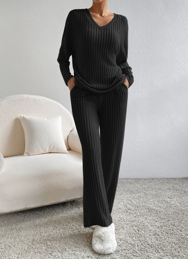 K Two-piece Women's New Fashion Casual Straight-leg Pants With A Loose V-neck Ribbed Sweater Set_ecoleips.com