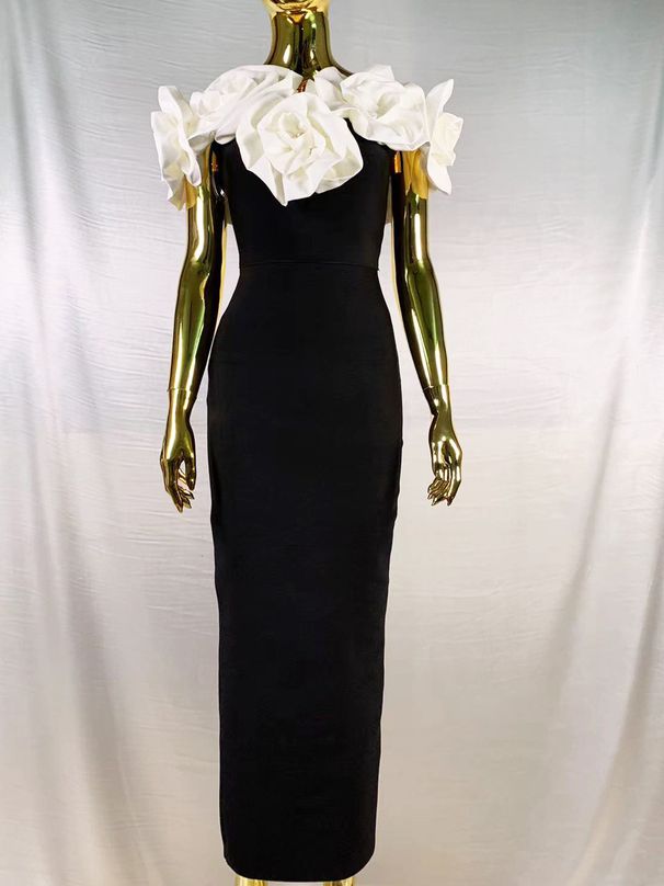 Women's Elegant Bandage Dress Off-Shoulder Large Floral Pattern Slim Fit Sexy Long Gown_ecoleips.com