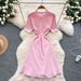 Women's Clothing Waisted Pearl Buttoned Slim Short Sleeved Knitted Dress Slim Sweater Skirt_ecoleips.com