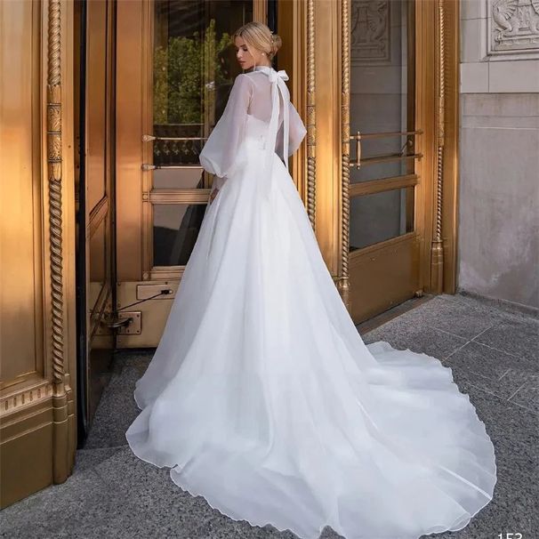 New 2026 Lightweight Gauze Dress plus Size Petite Figure Puff Sleeves French Hepburn Style Wedding Reception Light Dress for Women_ecoleips.com