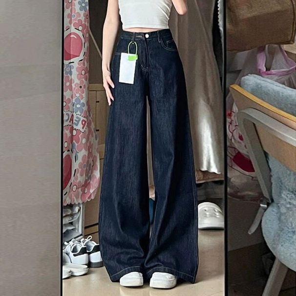 Women's Clothing Dark Blue High-Waisted Wide Leg Denim Trousers Loose Fit Straight Leg Floor Length Pear Shape American Style Jeans_ecoleips.com
