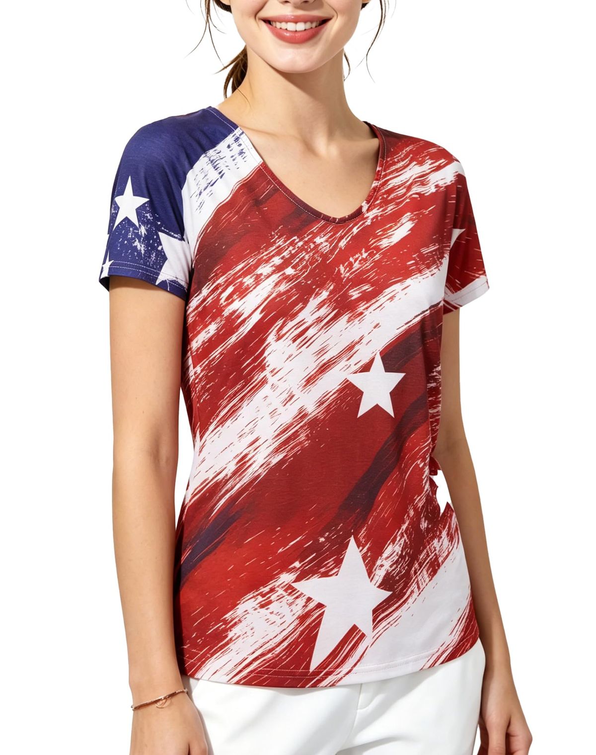 American Flag 4th Of July T Shirt Women Patriotic USA Graphic Star Stripes Fourth July Tee Casual V Neck Tee Tops_ecoleips.com