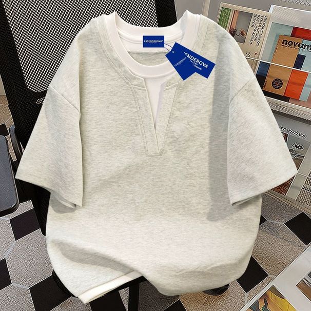 Women's Unique Versatile Two Piece Spliced Short Sleeve T-Shirt Casual Loose Fitting Summer Top_ecoleips.com