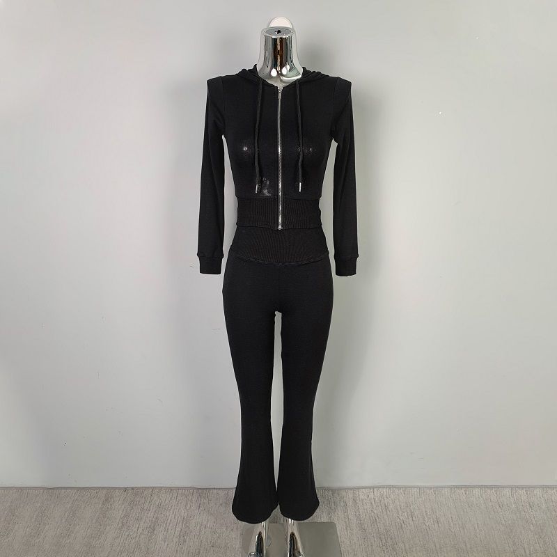Sports And Fitness Zip-up Hooded Slim-fit Sweatshirt Short Jacket + Casual High-waisted Long Pants Two-piece Set For_ecoleips.com