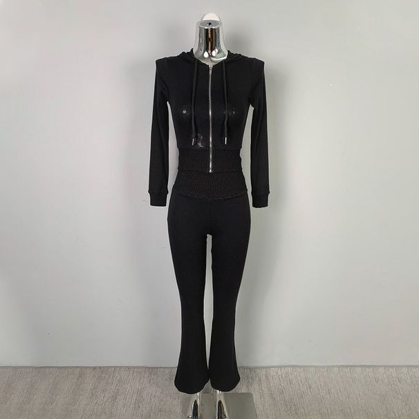 Sports And Fitness Zip-up Hooded Slim-fit Sweatshirt Short Jacket + Casual High-waisted Long Pants Two-piece Set For_ecoleips.com