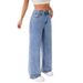 Women's Light Wash High-Waisted Wide-Leg Jeans – Vintage-Inspired Distressed Denim With Unique Pleated Details, Non-Stretch Cotton Blend_ecoleips.com