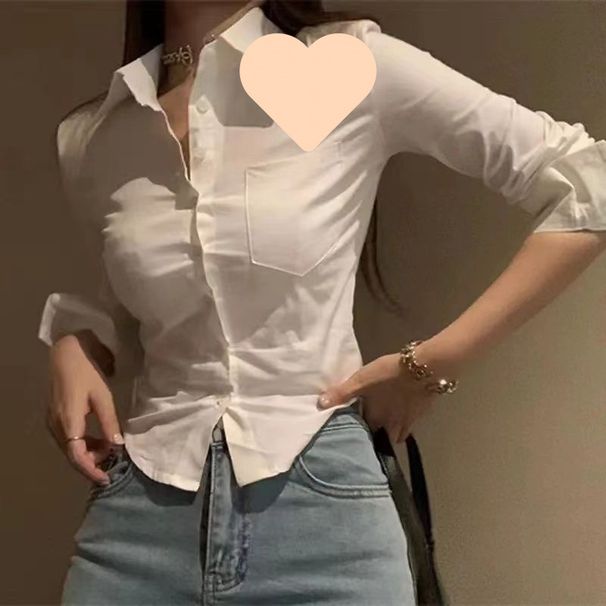 Purely Desirable Hot Girl Style Slim-fit Waist-cinching Slimming Short Sexy Collared White Shirt For Women, Long-sleeved_ecoleips.com