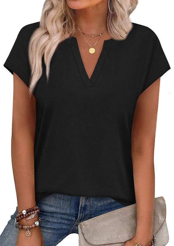 WIHOLL Womens Summer Tops V Neck T Shirts Cap Sleeve Business Casual Outfits Loose Fit Beach Vacation Clothes Basic Tees_ecoleips.com