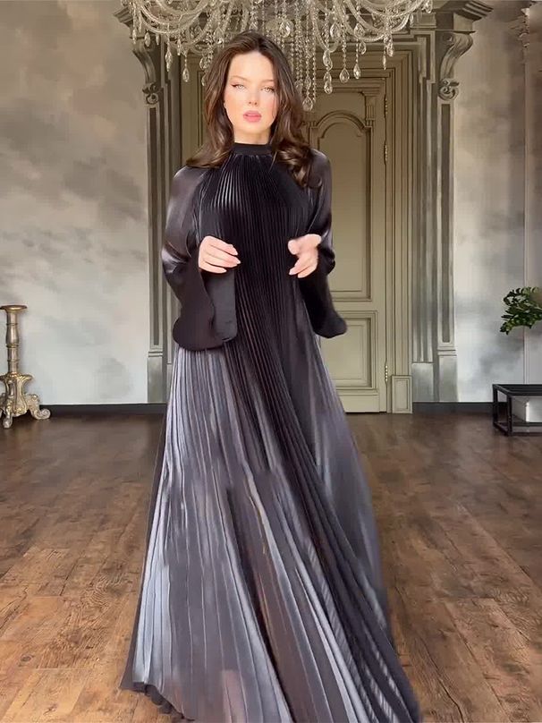 Women’s Clothing spring new printed folded slanted shoulders to show temperament floor length long skirt dress_ecoleips.com