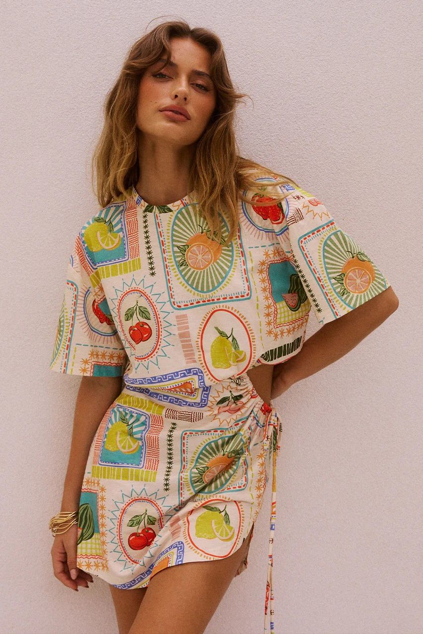 Women's Clothing Summer New Style Printed Waist Revealing Hip Wrapped Sexy Mini Dress_ecoleips.com