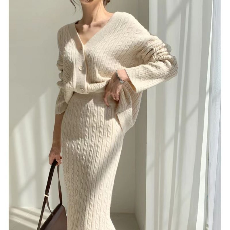 Women's Clothing elegant V-neck linen pattern knitted cardigan sweater + high waist sheath skirt_ecoleips.com