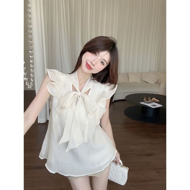 French-style 1/ 4inch Sleeveless Shirt For Women, Summer Sweet Gentle, With A Unique And Distinctive Bow Design_ecoleips.com
