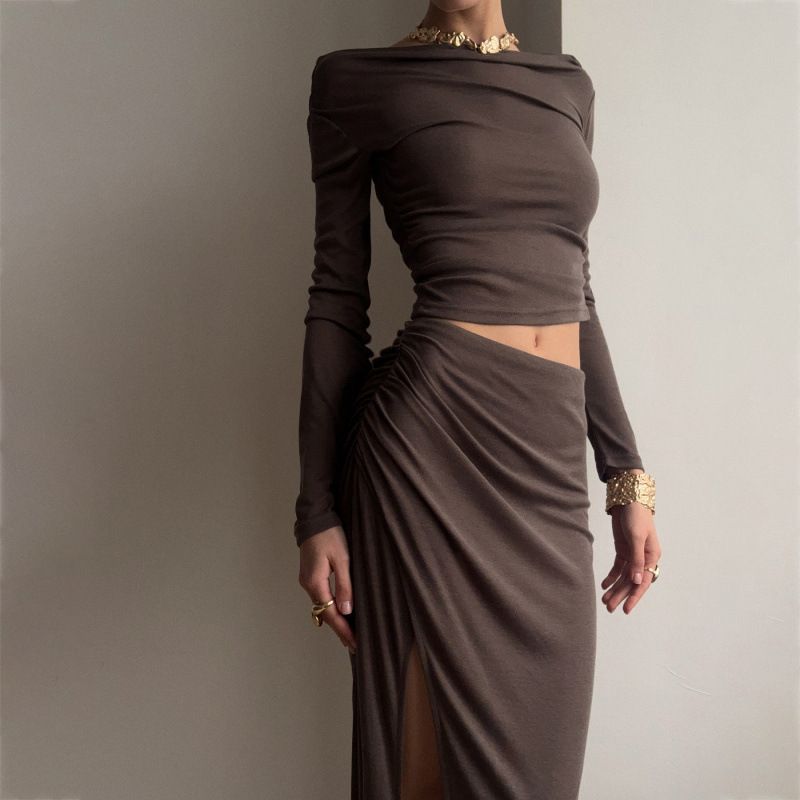 Russian High-End Pleated Fitted Dress With Straight Collar Top, Retro High Slit Long Skirt Two-Piece Set_ecoleips.com