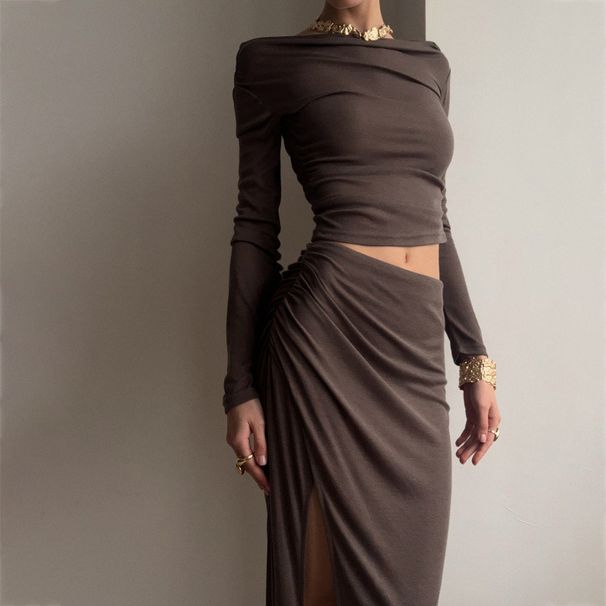 Russian High-End Pleated Fitted Dress With Straight Collar Top, Retro High Slit Long Skirt Two-Piece Set_ecoleips.com