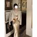 2026 Spring Fashion Maillard Outfit: Jacquard Fabric Elegant Coat + Slimming Acetate Satin Camisole Dress For Women_ecoleips.com