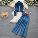 Premium Retro Patchwork Denim Slim Fit Two Piece Set for Women High Waist Slimming Relaxed And Stylish Spring Autumn_ecoleips.com