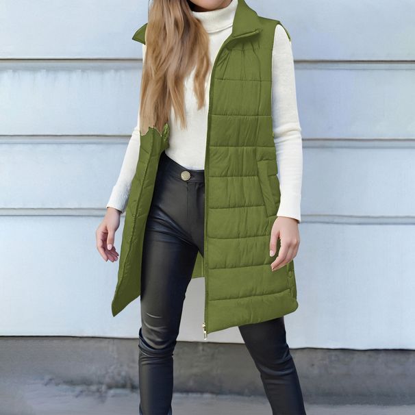 Women's Plus Size Cotton Vest Jacket Autumn/Winter Solid Color Zipper Pocket Mid Length Style Clothing_ecoleips.com