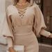 Women's Knitted One Piece Dress Ruffled Puff Sleeve Commuter Style Dress_ecoleips.com