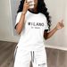 Women's Clothing Summer Casual Shirt And Shorts Set Letter Print Short-Sleeved Top With High Waist Shorts England Style Fashion Polyester_ecoleips.com