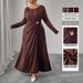Women's Autumn Winter Brown Dress – Plus Size Long Sleeve Wrap Waist Ruffle Maxi Dress_ecoleips.com