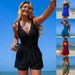 Women's One Piece Swimsuit European American Style Solid Color Sporty Conservative Cross Design With Pockets Bikini_ecoleips.com