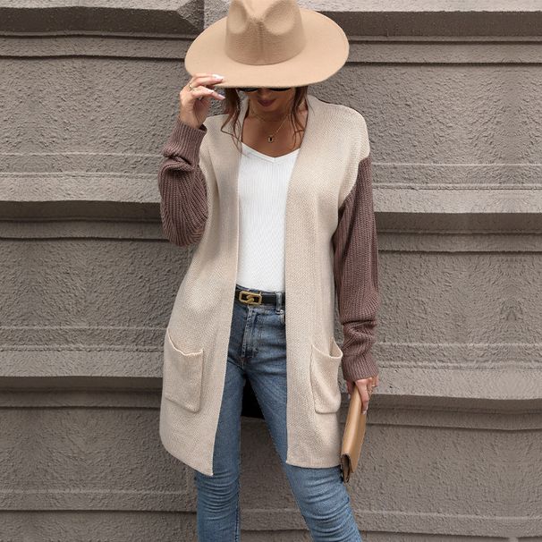 Pocketed Knit Cardigan For Spring Women's Wear, Color-Block Sweater Jacket_ecoleips.com