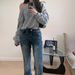 Women's Clothing Short Oblique Shoulder Sweatshirt For Women With Hot Diamonds Loose One Shoulder Lazy Gray Cocoon Sweatshirt_ecoleips.com