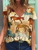 Women's Retro Western Cowboy Print V Neck Short Sleeve T-Shirt European American Style Top_ecoleips.com