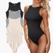 Women's Ribbed High Neck Sleeveless Bodysuit Swimwear - Solid Color Slim Fit One-Piece With Triangle Panty_ecoleips.com