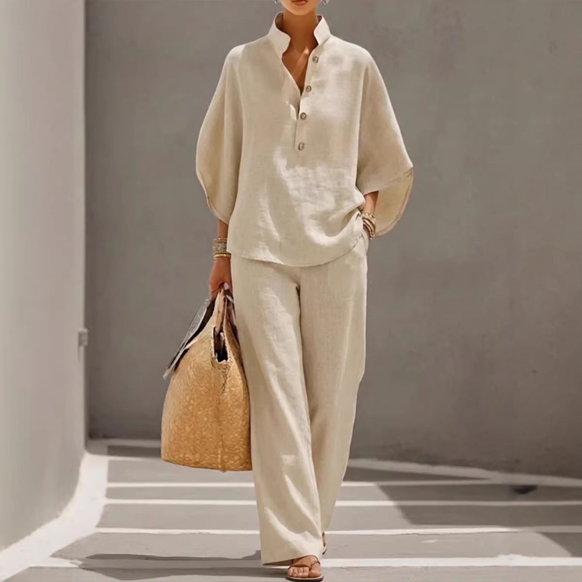 Relaxed Fit Pure Color Linen-Blend Shirt And Pants Set For Women, Comfortable Casual Two-Piece Outfit With Pockets_ecoleips.com
