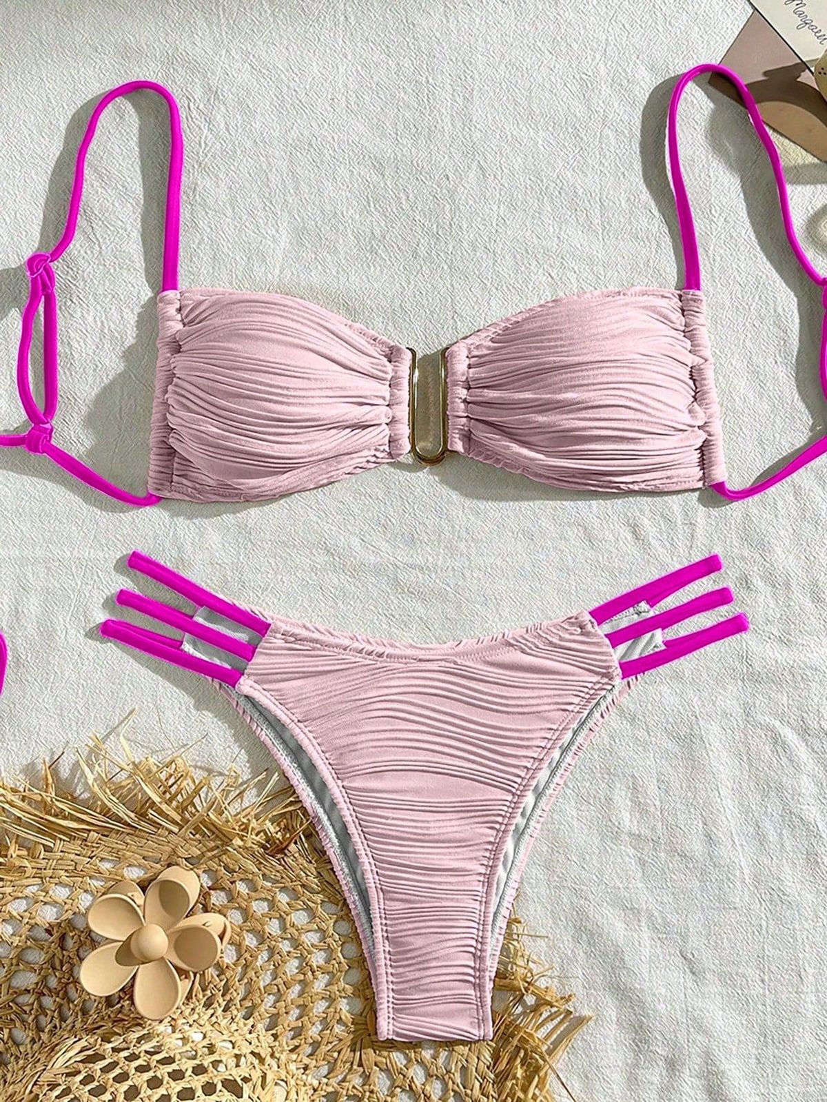 Women's Clothing Color Blocked Tie-Up Bikini Three-Piece Swimsuit Sexy Beachwear For Summer Vacation_ecoleips.com