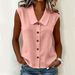 Women's Solid Color Collared Sleeveless Top Loose Casual Versatile Multi Color Shirt American Style_ecoleips.com