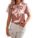 Women's Solid Color Satin Shirt with Bow Spring/Summer Short Sleeve Elegant Fashion Blouse for Ladies Regular Fit_ecoleips.com