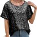 Women's Casual Sequined Off-Shoulder T-Shirt Loose Fit Short Sleeve Crew Neck Style Top_ecoleips.com