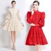2026 Spring And Autumn New French Elegant Lace Patchwork Stand Collar Lantern Sleeve Slimming A-line Dress_ecoleips.com