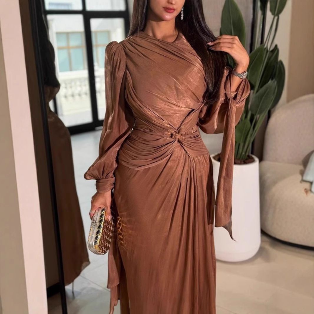 Women's Clothing Autumn And Winter Pleated Ribbon Shiny Evening Dress_ecoleips.com