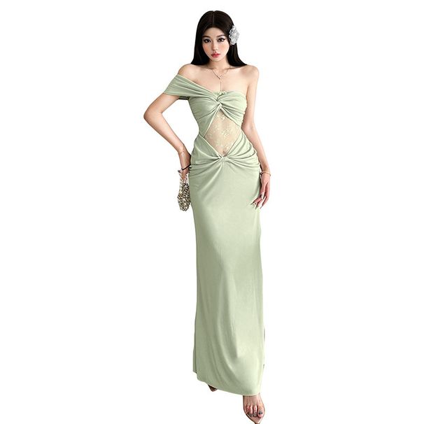 Women's Solid Color One Shoulder Maxi Dress Twisted Knot Cutout Lace Pattern Hollow Out Elegant Long Dress For Women_ecoleips.com